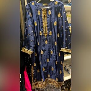 Elegant Blue and Gold Embroidered Dress